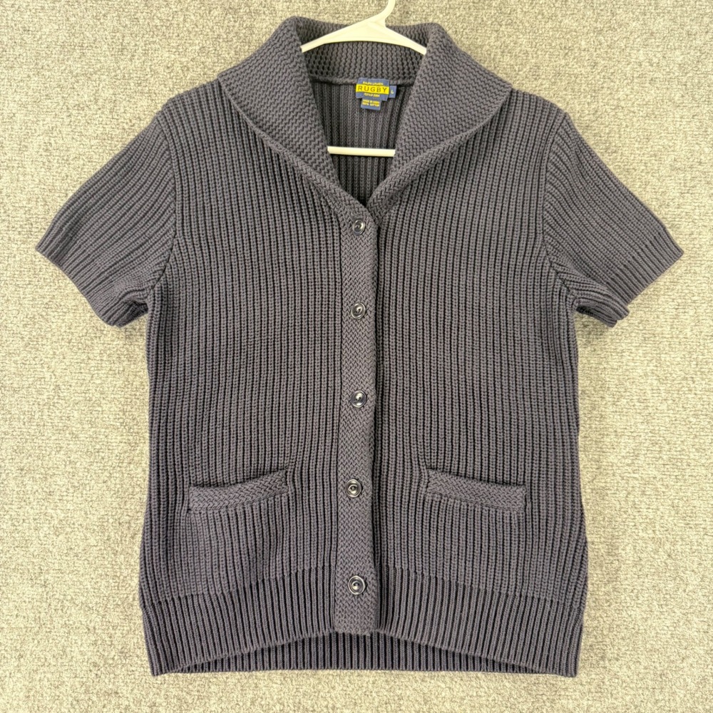 Ralph Lauren Rugby Short Sleeve Cardigan Sweater Womens Large Blue Ribbed Cotton